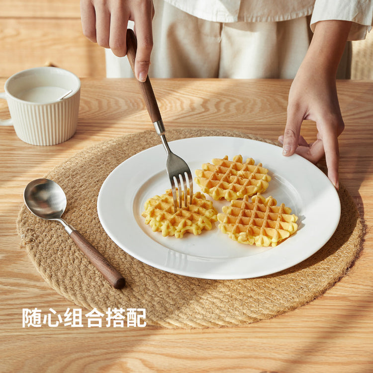 食品级不锈钢餐具儿童用餐勺高颜值简约黑胡桃木餐叉