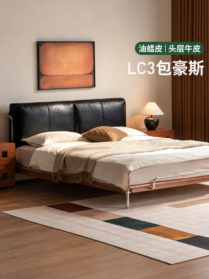 真皮床卧室包豪斯头层牛皮软靠床中古风高靠背双人床