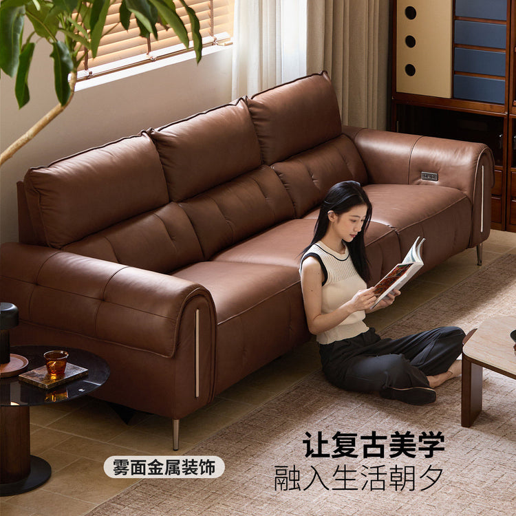 复古美式伸缩客厅棕色真皮沙发功能沙发