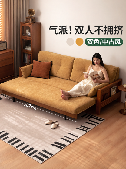 实木沙发床客厅中古风坐卧两用沙发布艺小户型伸缩床