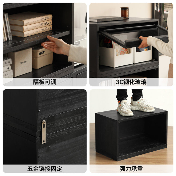 现代简约客厅纯实木电视收纳储物柜黑色橡木模块组合书柜