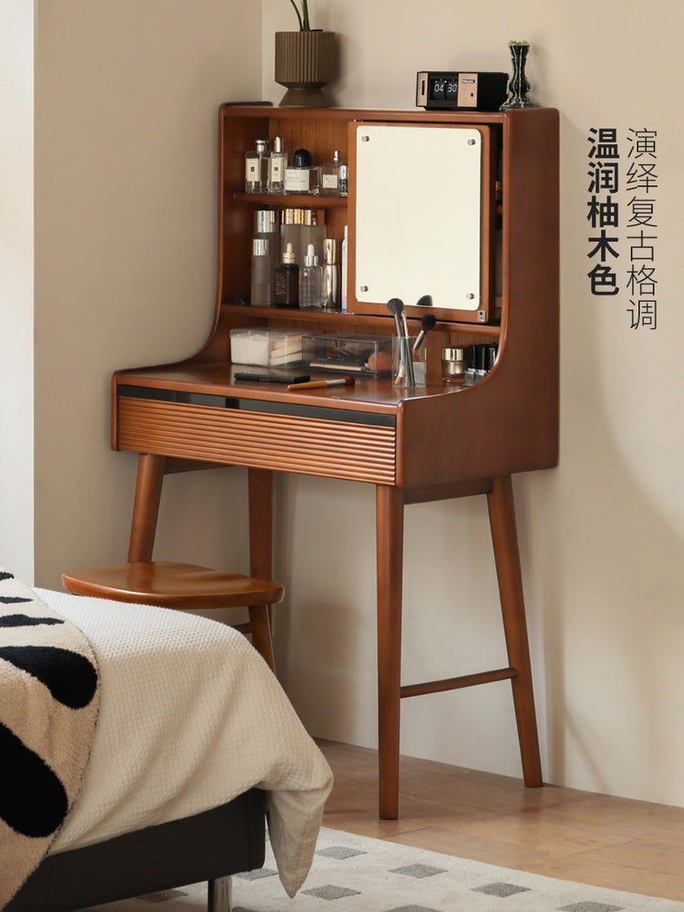 实木化妆桌法式复古带妆镜梳妆台卧室小型中古收纳桌子