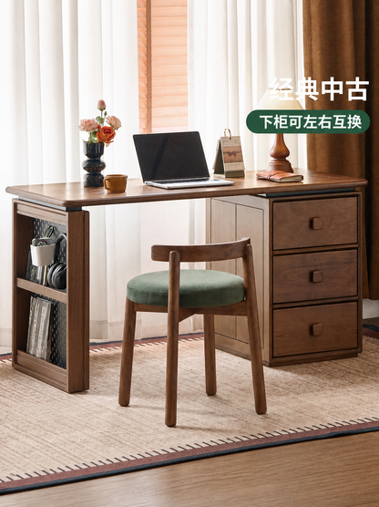 实木书桌中古风黑胡桃木带抽屉储物学习桌书房办公桌