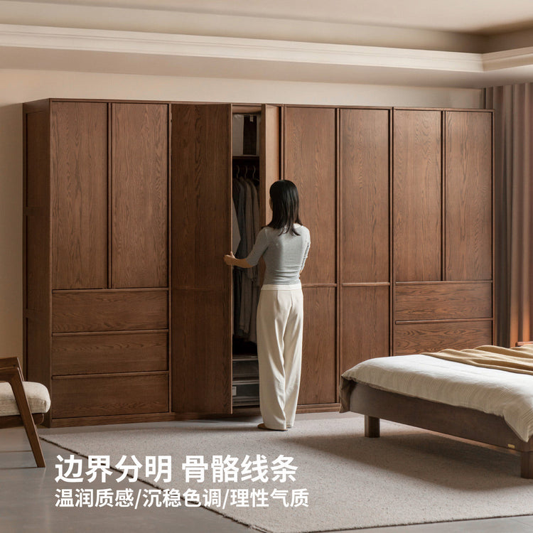 实木衣柜现代简约储物柜卧室橡木胡桃色衣橱收纳柜