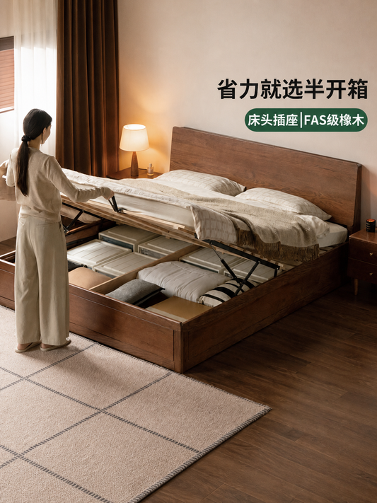 实木床现代简约大板床卧室橡木胡桃色双人床箱体床
