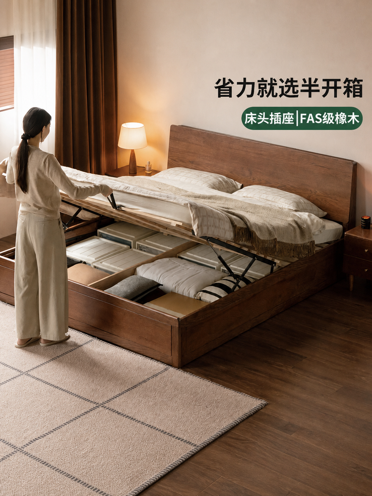 实木床现代简约大板床卧室橡木胡桃色双人床箱体床