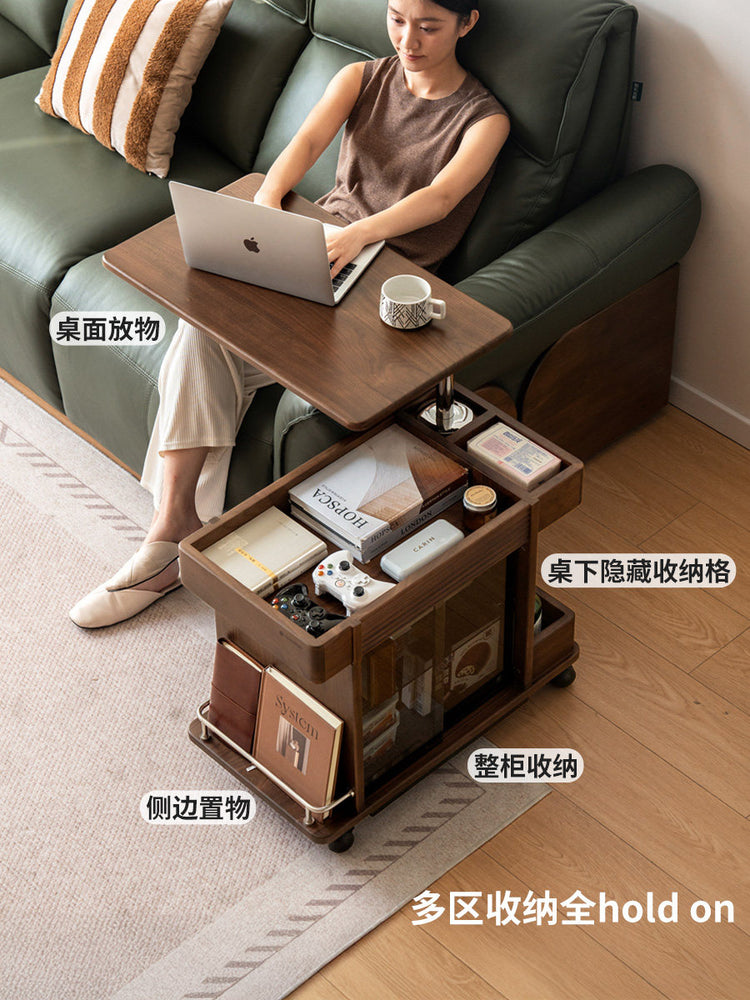 实木升边几客厅意式轻奢沙发边桌黑胡桃木小茶几移动推车