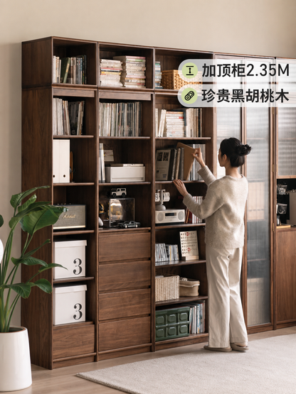 实木书柜简约黑胡桃木展示柜定制书房置物柜玻璃门收纳柜