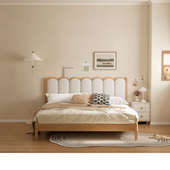 [15-Day Pre-order] Solid Wood Double Bed, Oak Harp Bed with Upholstered Headboard, Modern Minimalist King-Size Bed for Small Apartments