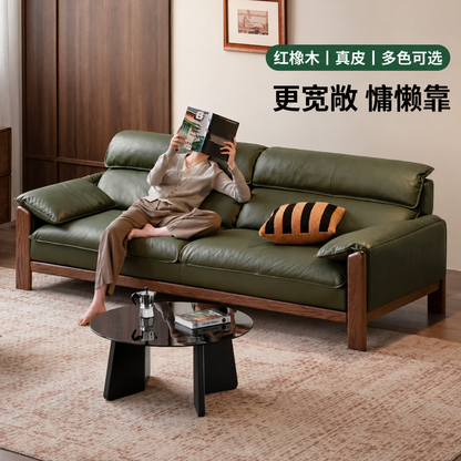 实木客厅意式轻奢真皮沙发小户型胡桃色橡木沙发