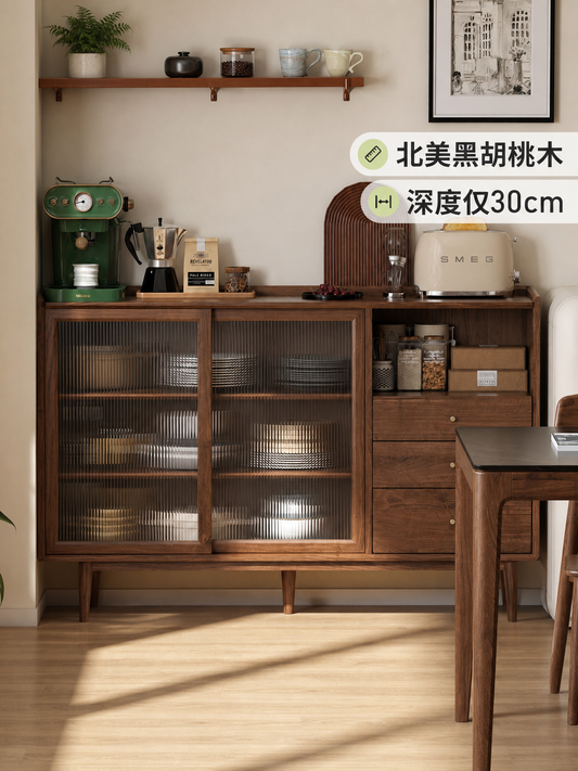 实木餐边柜黑胡桃木餐厅现代简约玻璃柜小户型储物柜
