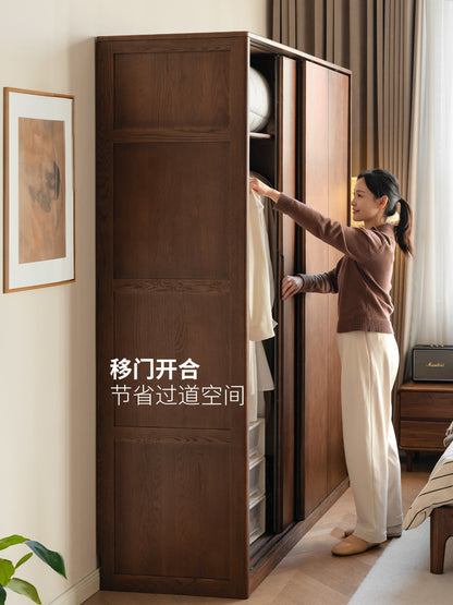 实木衣柜现代简约橡木胡桃色衣橱推拉门柜卧室储物柜
