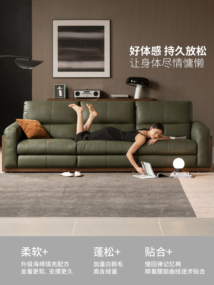 实木沙发客厅意式轻奢直排沙黑胡桃木高靠背真皮沙发