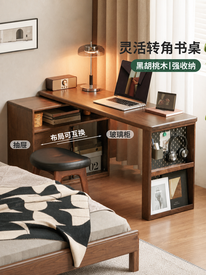 实木书房意式轻奢转角书桌黑胡桃木办公桌电脑桌