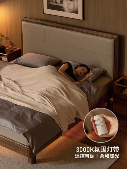 实木床意式轻奢真皮床卧室黑胡桃木软靠床多功能夜光床