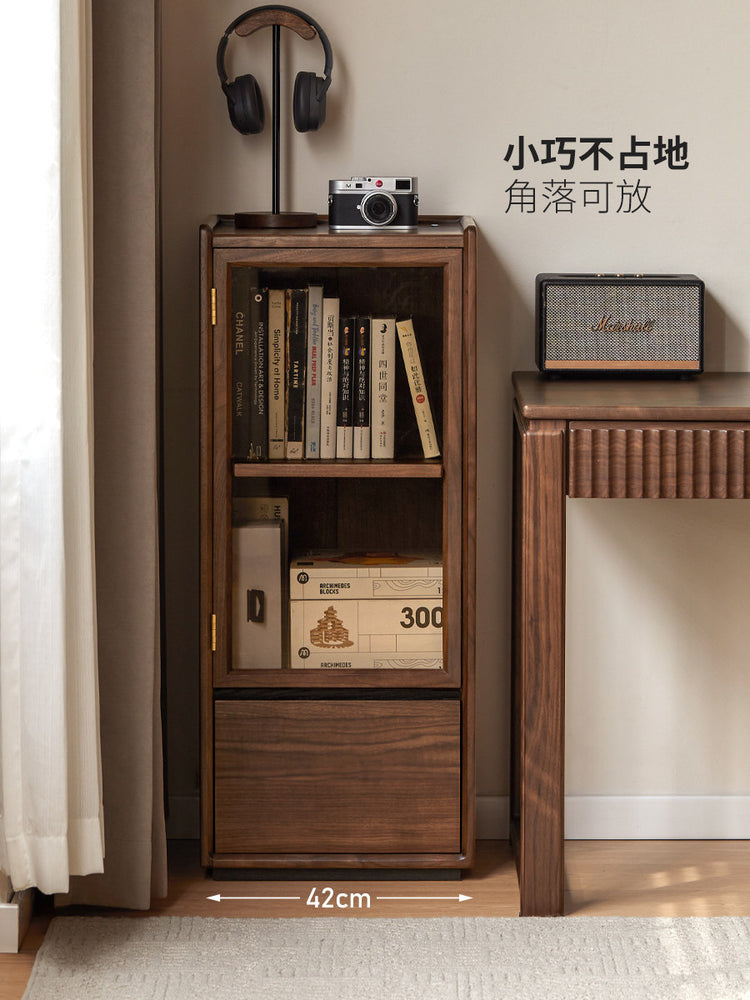 实木边柜客厅落地收纳储物柜黑胡桃木置物柜展示柜