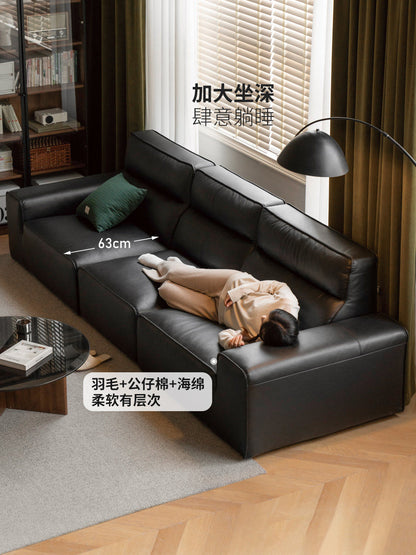 大黑牛真皮沙发意式极简客厅头层牛皮黑色高靠背皮沙发