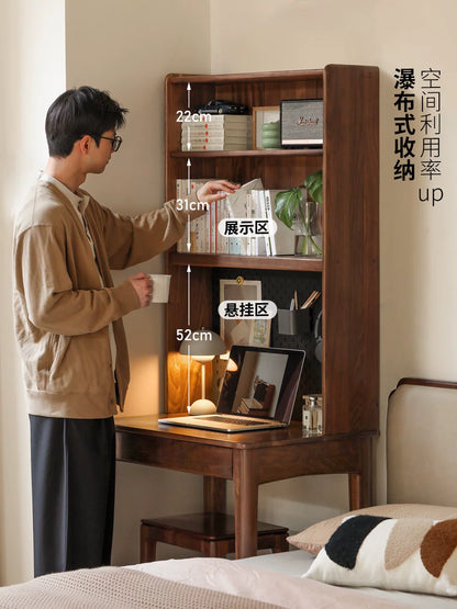 实木书桌书架一体简约靠墙窄桌书房办公桌黑胡桃木床边桌