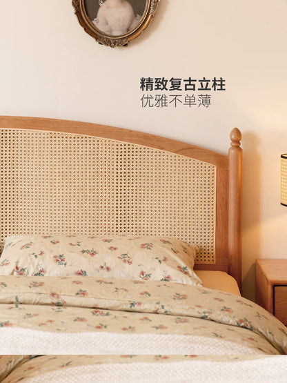 实木床樱桃木复古藤编床简约双人床卧室藤艺家具大床
