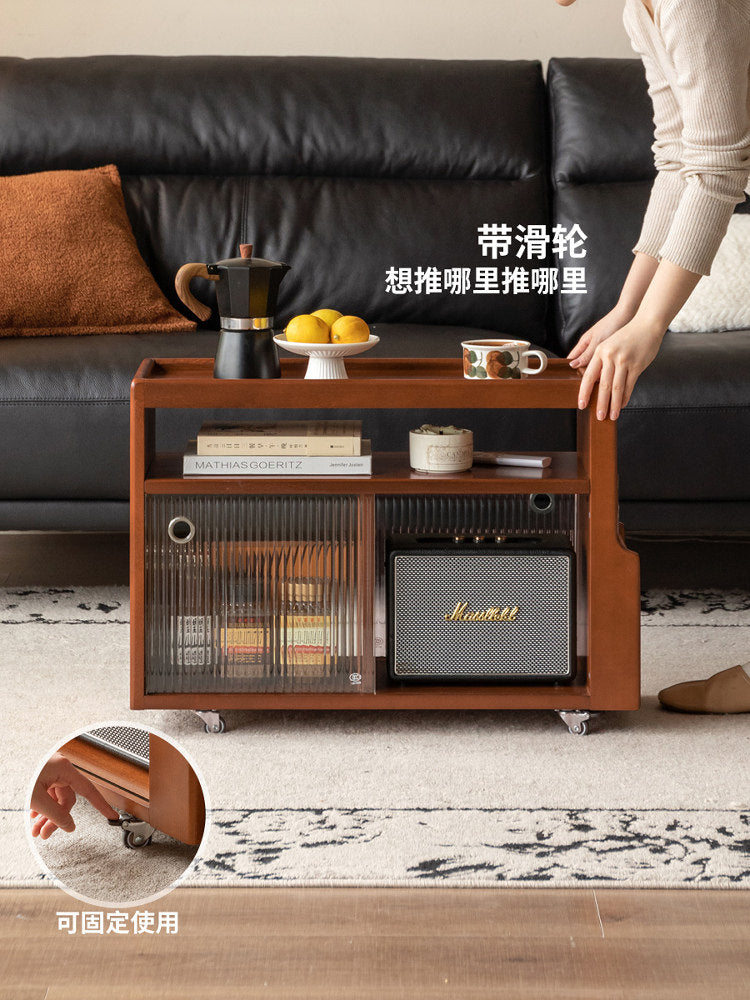 实木边几客厅中古风沙发边柜复古移动茶几收纳小推车