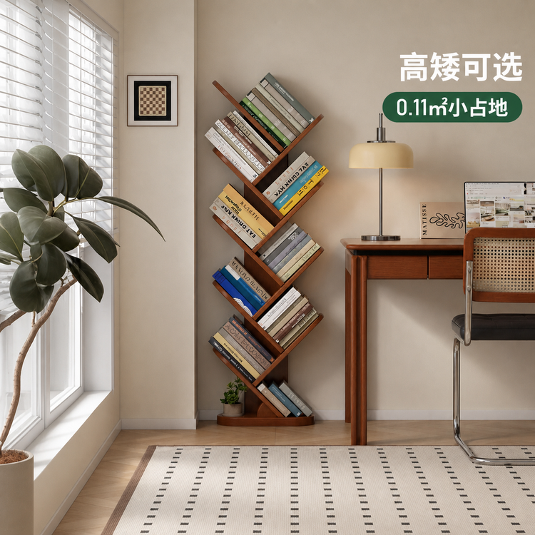 实木书架落地靠墙树形收纳架墙角置物架多层创意书柜