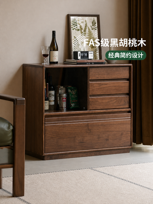 实木边柜客厅现代简约黑胡桃木展示柜落地收纳储物抽屉柜