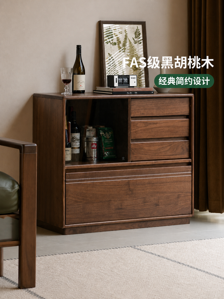 实木边柜客厅现代简约黑胡桃木展示柜落地收纳储物抽屉柜