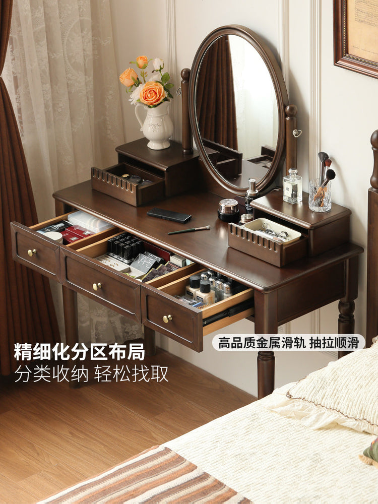 实木化妆桌美式复古带妆镜梳妆台卧室中古风化妆台
