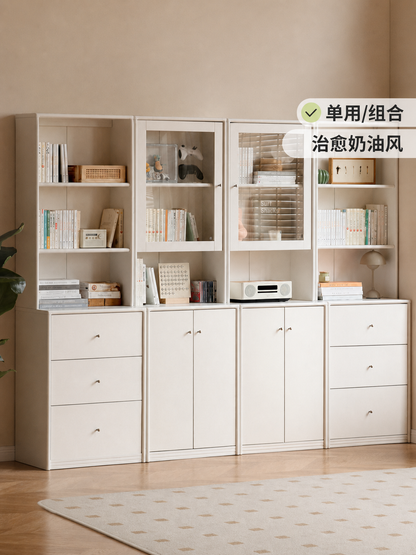实木书柜奶油风白色自由组合落地书架带玻璃门展示柜