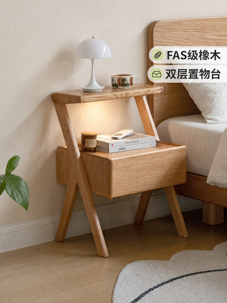 实木床头柜置物架一体卧室橡木床边柜沙发边几侧边柜