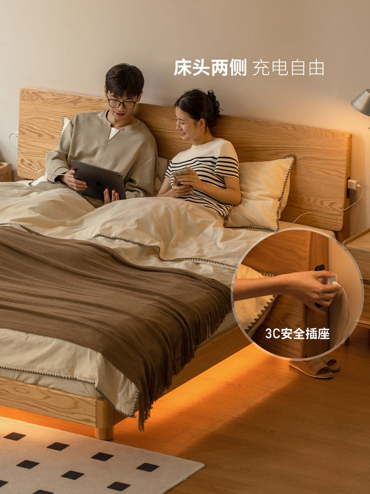实木床现代简约卧室悬浮床日式原木色床头可置物双人床