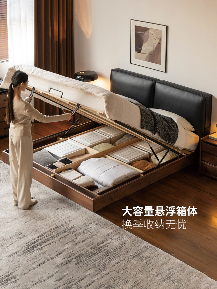 实木床意式轻奢黑胡桃木箱体床卧室带灯悬浮床真皮软包床