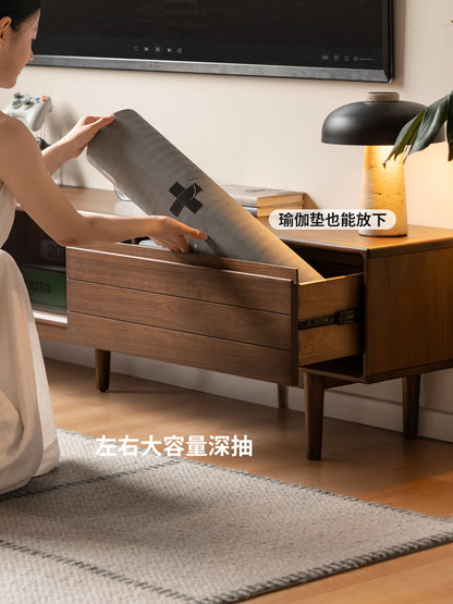 实木电视柜客厅现代简约移门储物柜黑胡桃木收纳地柜