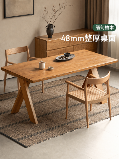 实木餐桌餐厅原木大板桌缅甸柚木侘寂风吃饭桌工作台