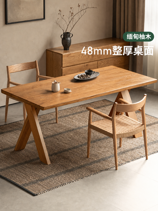 实木餐桌餐厅原木大板桌缅甸柚木侘寂风吃饭桌工作台