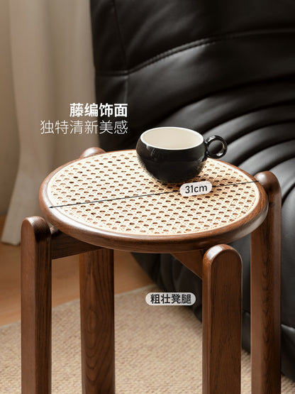 实木圆凳餐厅复古藤编小户型堆叠凳胡桃色小凳子