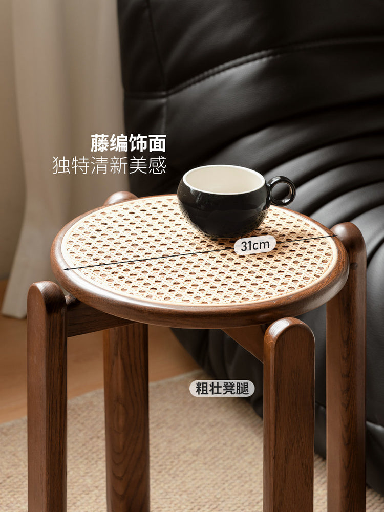 实木圆凳餐厅复古藤编小户型堆叠凳胡桃色小凳子