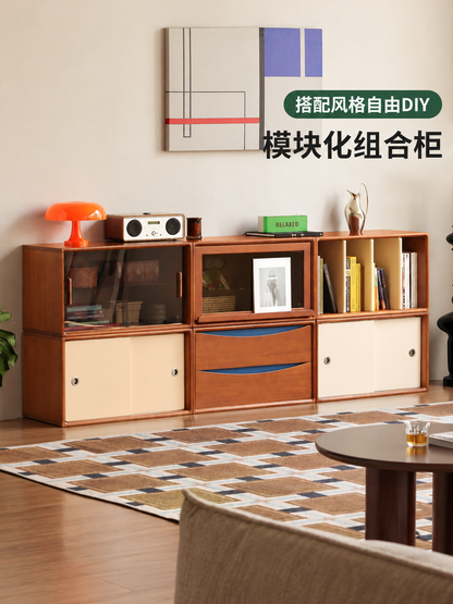 实木电视柜客厅中古风模块组合柜落地拼色书柜边柜