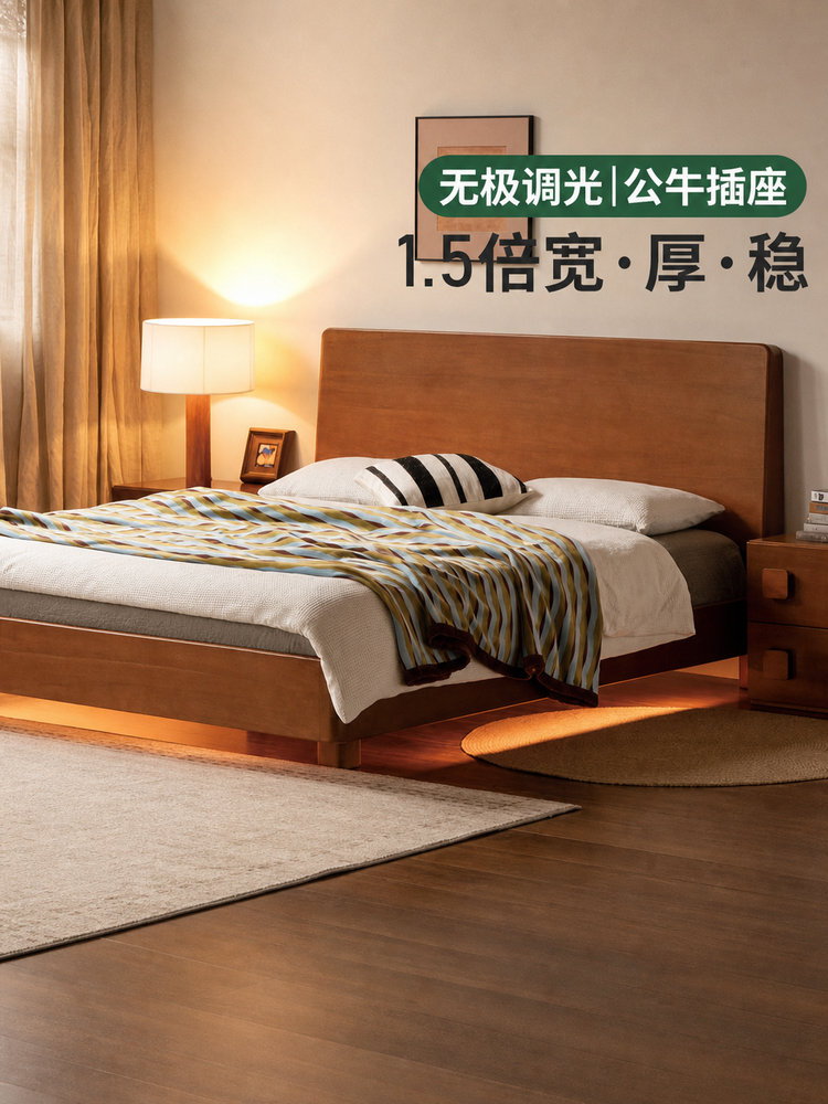 实木床卧室包豪斯大板床多功能夜光床带插中古双人床