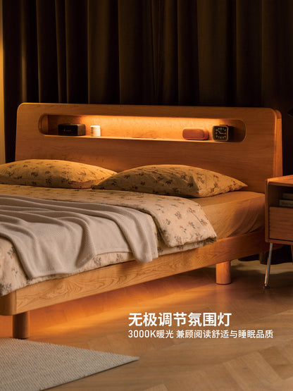 实木床复古樱桃木悬浮床双人床大床卧室带插座夜光床