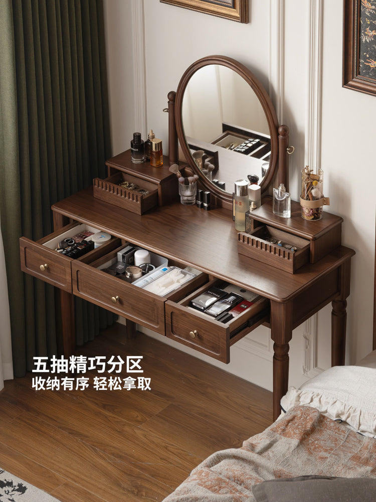 实木梳妆台黑胡桃木化妆桌带镜一体美式复古卧室化妆台