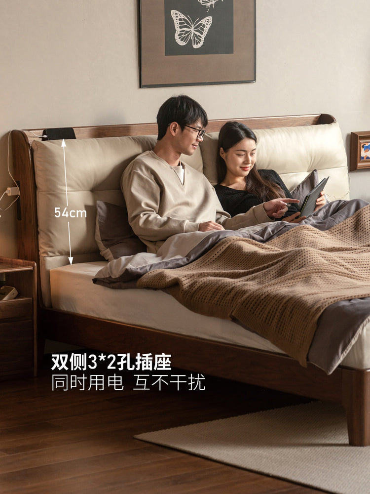 实木床卧室轻奢真皮床高端大气软靠床橡木多功能大床