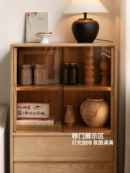 实木边柜侘寂风骨骼线储物柜客厅落地展示柜白蜡木立柜