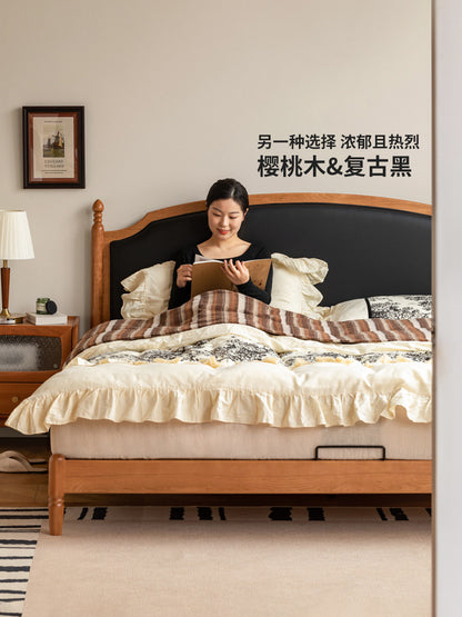 实木床法式复古软靠床卧室樱桃木大床薄床头双人床