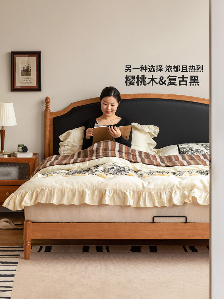 实木床法式复古软靠床卧室樱桃木大床薄床头双人床