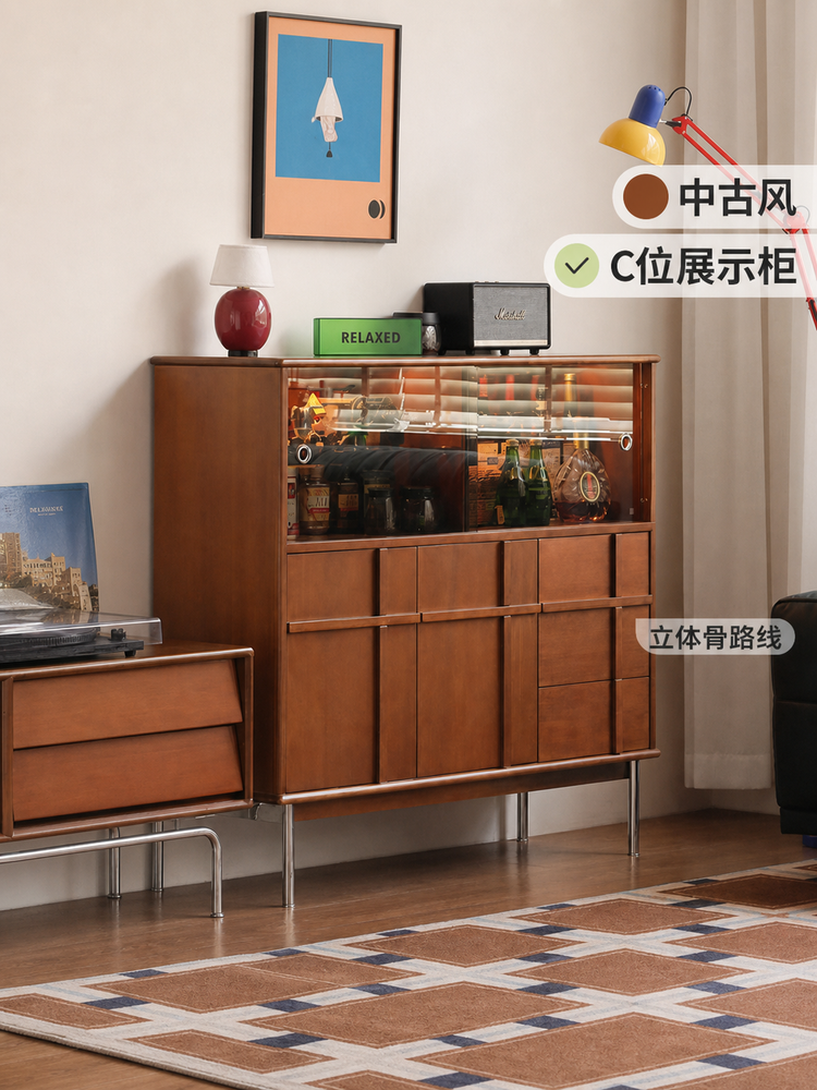 实木餐边柜餐厅中古风储物柜小户型玻璃柜客厅展示柜