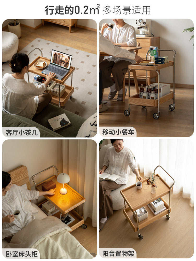 实木边几现代简约双层收纳小茶几橡木小户型移动小推车