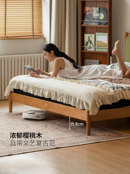 实木软包床复古风樱桃木床卧室软靠床简约双人琴键床