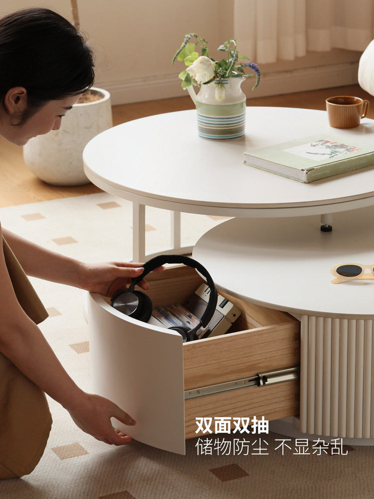 实木茶几客厅白色奶油风茶台小户型圆形简约组合茶桌