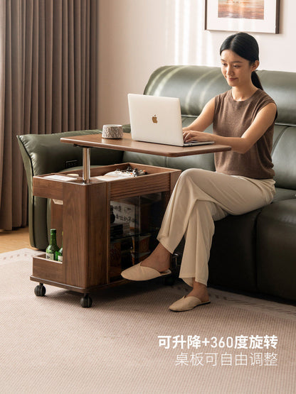 实木升边几客厅意式轻奢沙发边桌黑胡桃木小茶几移动推车
